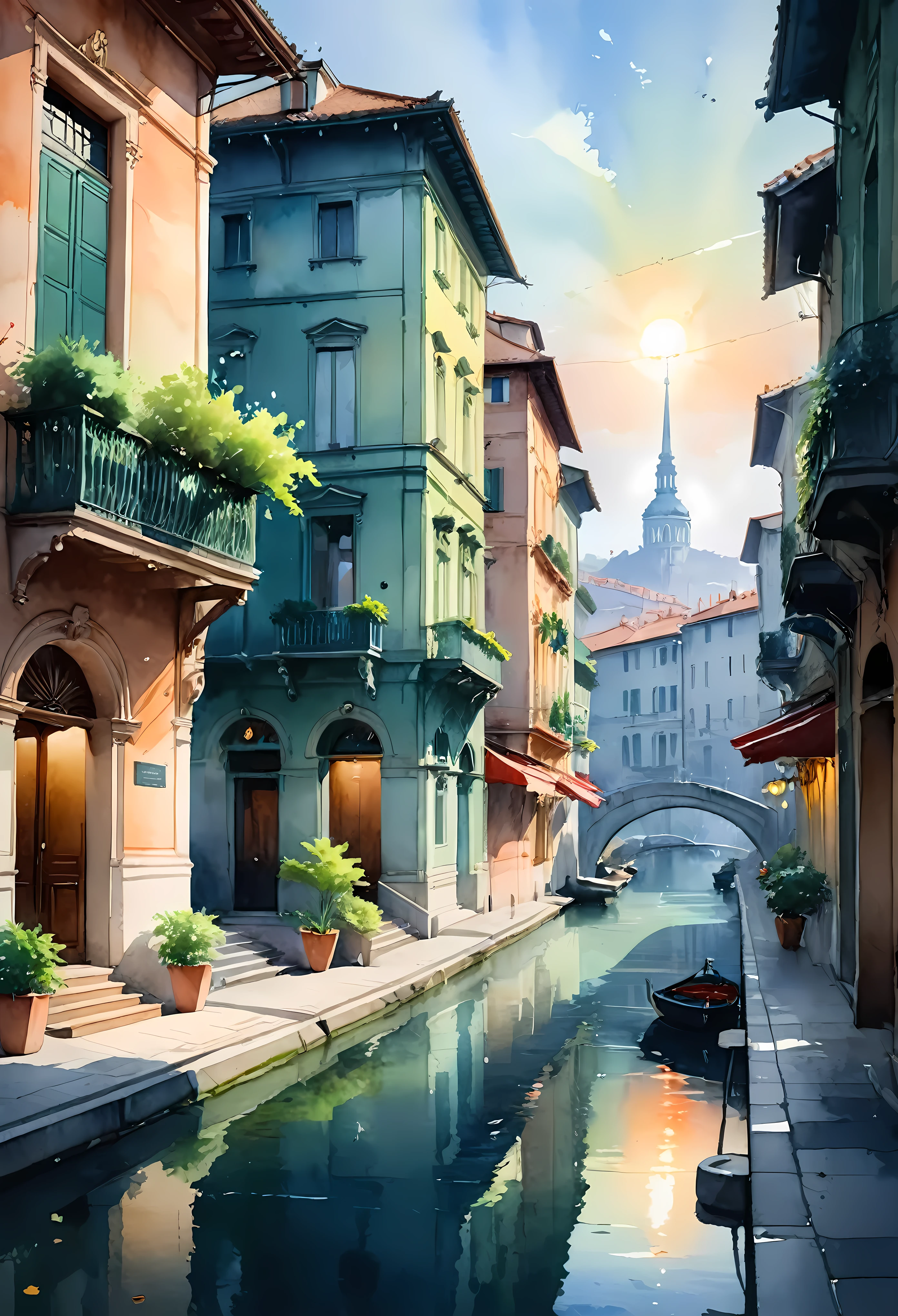 Create an image that captures the essence of classical art and award-winning painting, drawing inspiration from Valentina Verlato watercolor paintings. Visualize a enchanting watercolor painting of serene City landscape. The City landscape should be meticulously detailed. | The setting is a beautiful city, under the warm light of sunlight, casting striking shadows around. The landscape atmosphere must feel both engaging and ethereal. | Rendered in ultra-high detail and quality, this masterpiece ensures super detail. With a focus on high quality and accuracy, this award-winning portrayal captures every nuance in stunning 16k resolution, immersing viewers in its lifelike depiction. | ((watercolor painting):1.1), ((Valentina Verlato watercolor style):1.1), ((Serene City landscape):1.1). | ((perfect_composition, perfect_design, perfect_layout, perfect_detail, ultra_detailed)), ((enhance_all, fix_everything)), More Detail, Enhance.
