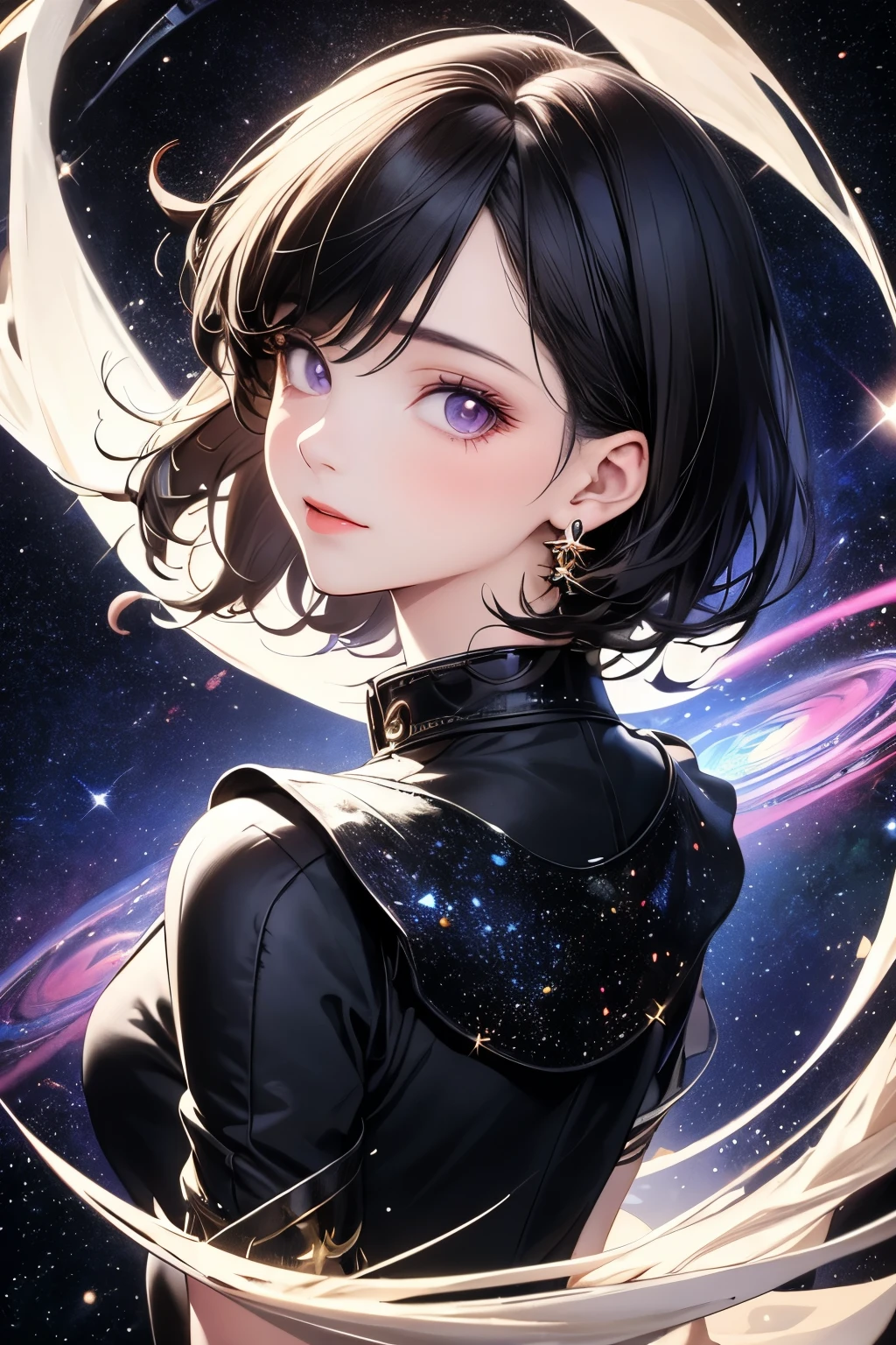 ((best quality)), ((masterpiece)), (detailed), anime girl, perfect face, short black hair, purple eyes, space in eyes, sparkles, neutral face, looking at viewer,  jumping between planets