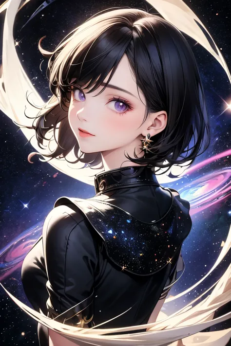 ((best quality)), ((masterpiece)), (detailed), anime girl, perfect face, short black hair, purple eyes, space in eyes, sparkles,...
