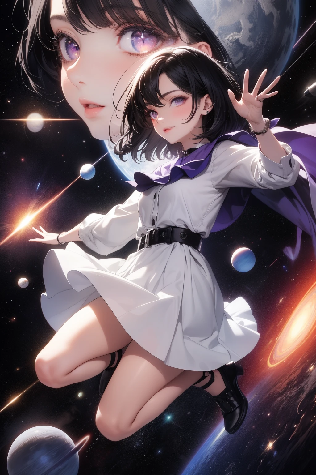 ((best quality)), ((masterpiece)), (detailed), anime girl, perfect face, short black hair, purple eyes, space in eyes, sparkles, jumping between planets