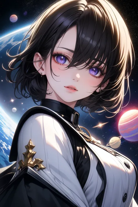((best quality)), ((masterpiece)), (detailed), anime girl, perfect face, short black hair, purple eyes, space in eyes, sparkles,...