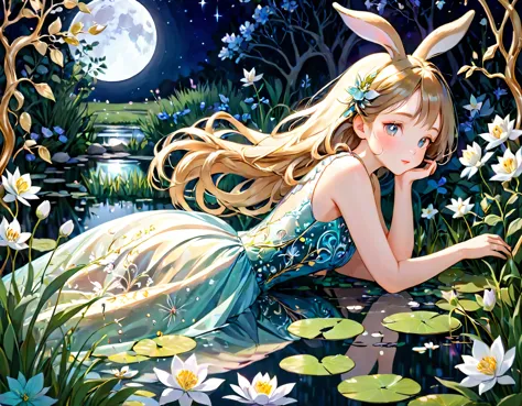 Girl in the Garden,Cutout paper,(Clever rabbit),Delicate flowers,pastel colour,highest quality,Mediate:dream-like,Calm,Surreal,F...
