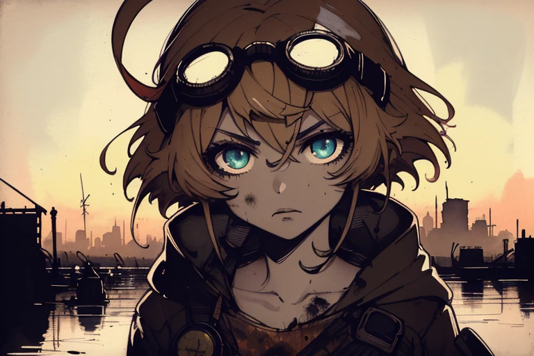 masterpiece, best quality, 1girl, (closeup), engineer, machinist, (yelow coat), (goggles on head), serious, dirty face, dirty clothes, on the roof, cityscape, flooded, industrial ruins, warm, desolate, dark, sunset, watercolor, sketch