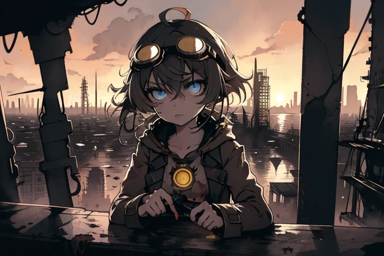 masterpiece, best quality, 1girl, (closeup), engineer, machinist, (yelow coat), (goggles on head), serious, dirty face, dirty clothes, on the roof, cityscape, flooded, industrial ruins, warm, desolate, dark, sunset, watercolor, sketch