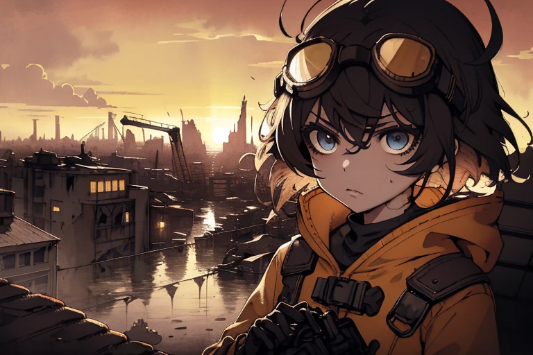 masterpiece, best quality, 1girl, (closeup), engineer, machinist, (yelow coat), (goggles on head), serious, dirty face, dirty clothes, on the roof, cityscape, flooded, industrial ruins, warm, desolate, dark, sunset, watercolor, sketch