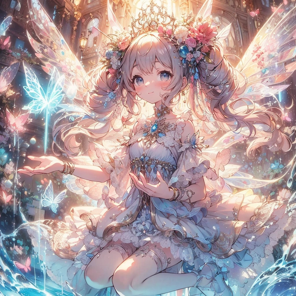 (Exquisite, beautiful, Very detailed, masterpiece, High resolution,high quality,High resolution),(A neat, clear and well-proportioned face drawn with thin lines,Cute and delicate beautiful girl illustration in pastel colors) , The background is a divine and mystical place, with a beautiful, maternal adult fairy princess with fairy wings floating in the air by the water, casting magic around her body with her fingertips and controlling the water.,(Beautiful, clear fairy wings grow from her back.), (Smile and smile), She is wearing a pearl tiara, earrings, and choker, as well as a pastel-colored swimsuit decorated with ribbons and frills., (A fair-skinned, short eyebrowed fairy with pale pink cheeks, a small toothless mouth with plump pink lips, beautiful eyes, and a fairly large, fluffy bust.),Vibrant and eye-catching colors,Fantastic and dreamy colored pencil art,