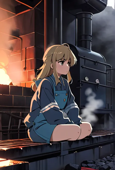 anime screencap, thick outline, girl sitting next to a black coal oven rushed and in water in bad ragged work clothes, sad mood,...