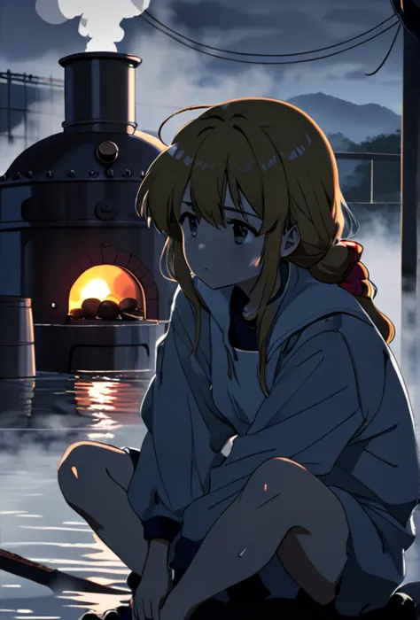 anime screencap, thick outline, girl sitting next to a black coal oven rushed and in water in bad ragged work clothes, sad mood,...