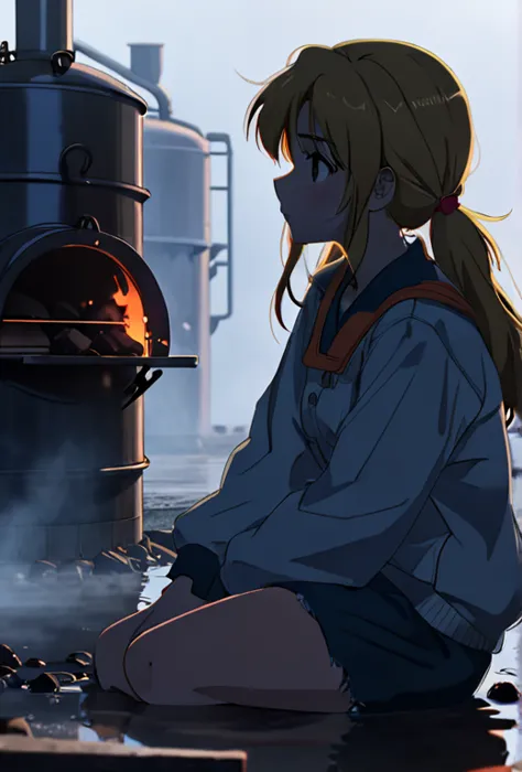 anime screencap, thick outline, girl sitting next to a black coal oven rushed and in water in bad ragged work clothes, sad mood,...