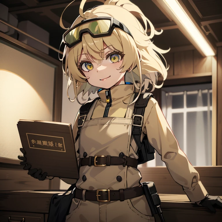 1girl, light brown short messy hair, tan colored tactical helmet, tactical helmet, tactical goggles, tactical railed headset, white formal tshirt, tshirt, light yellow colored tactical vest, beige armor, desert beige colored armor, tan colored pouches, triangular halo, lime colored halo, green triangle shaped halo, smile, happy, beige helmet, desert pants, yellow eyes, beige vest, white tshirt uniform, black tact gloves, tan helmet, teasing, 1person