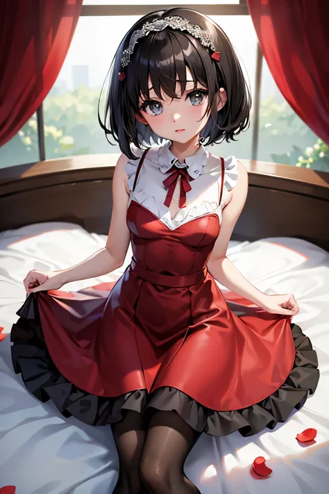 erica、pokémon、black hair、short hair、((pantyhose))、photo from below、medium chest、bedroom、one girl、red ribbon on head、((wedding dr...