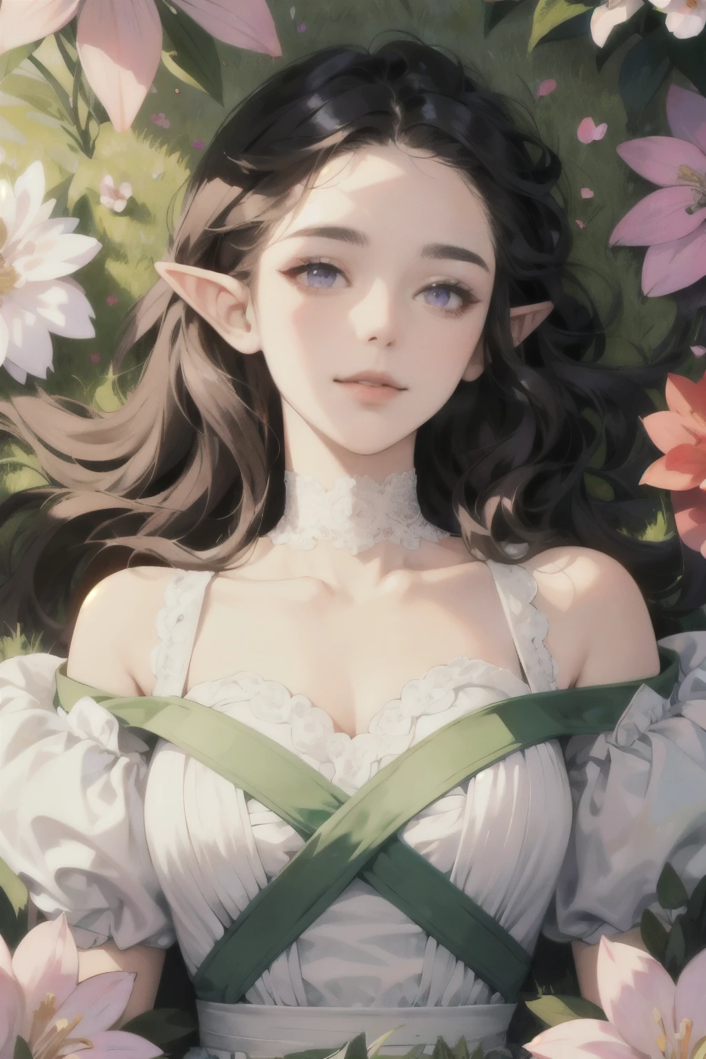 ((best quality)), ((masterpiece)), (detailed), perfect face, elf, black hair, long hair, purple eyes, dress, flowers, pink flowers, happy, sunny, green grass, lawn, lace choker, romantic, soft smile, looking at viewer, portrait, ribbons