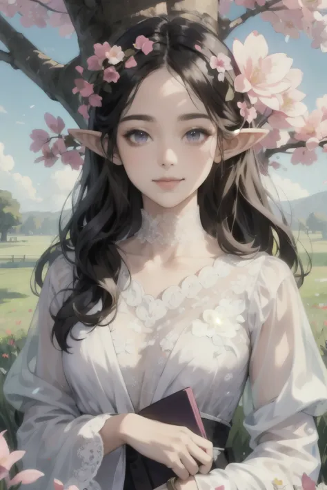 ((best quality)), ((masterpiece)), (detailed), perfect face, elf, black hair, long hair, purple eyes, dress, flowers, pink flowe...