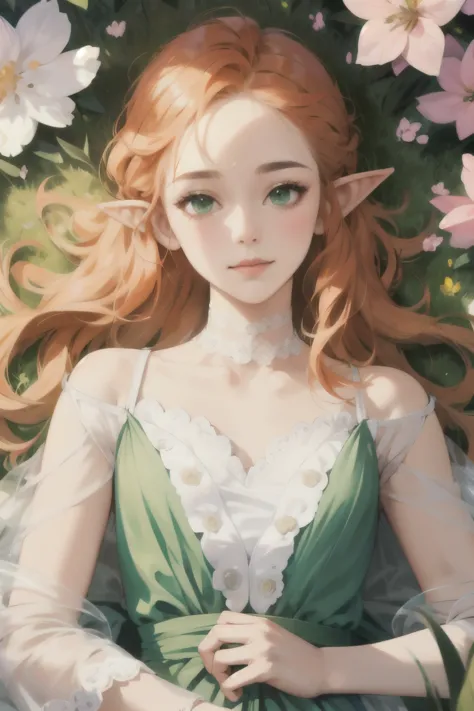 ((best quality)), ((masterpiece)), (detailed), perfect face, elf, young, girl, orange hair, long hair, green eyes, lilac dress, ...