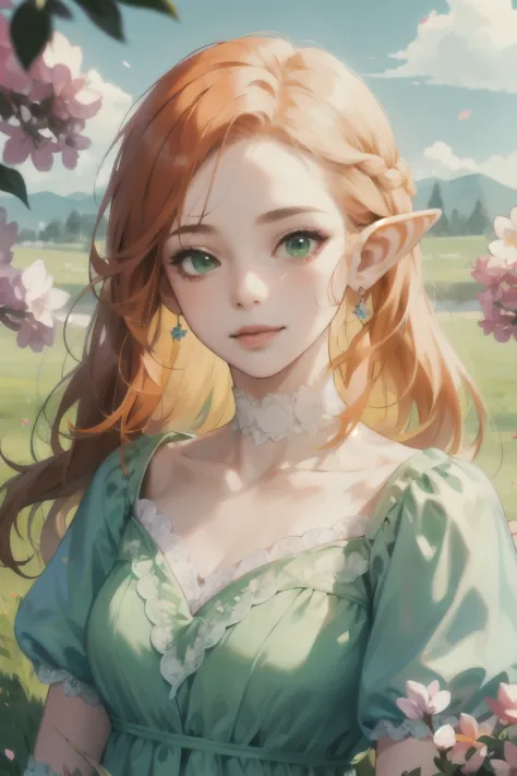 ((best quality)), ((masterpiece)), (detailed), perfect face, elf, girl, orange hair, long hair, green eyes, lilac dress, flowers...