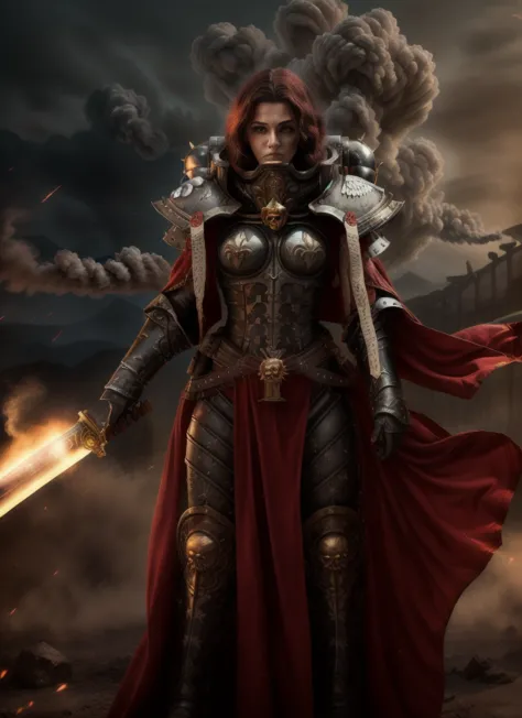 high quality photo of standing whsororitas with sword in hands whsororitas, znd long wavy hair long curly hair, flaming city rui...