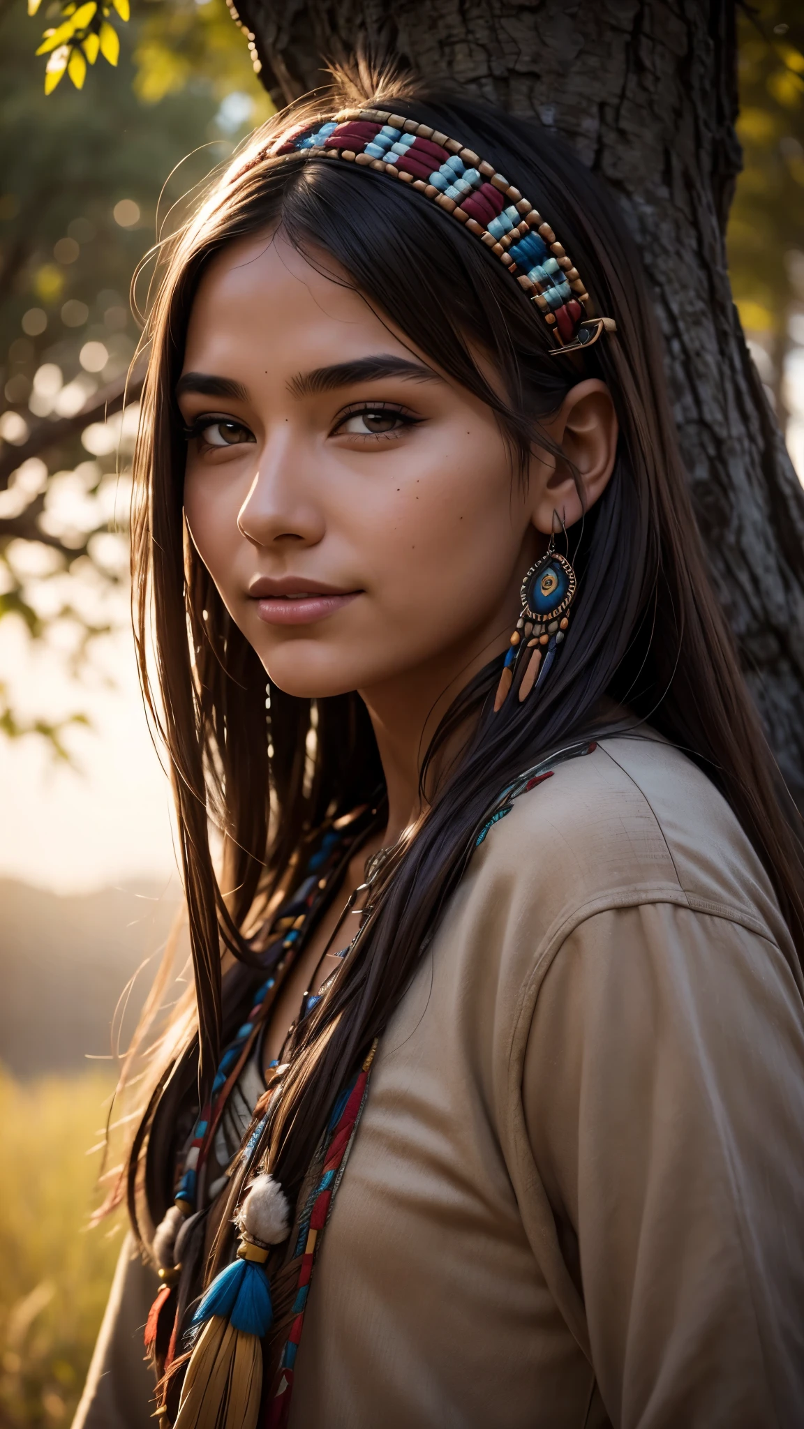 (grainy:0.5), cinematic, girl,native american,fantasy,(solo:1.3), detailed eyes, detailed face, detailed  native american clothing , volumetric lighting, dusk, extremely detailed background, standing next to tree, smiling, half closed eyes, tilted head, from side