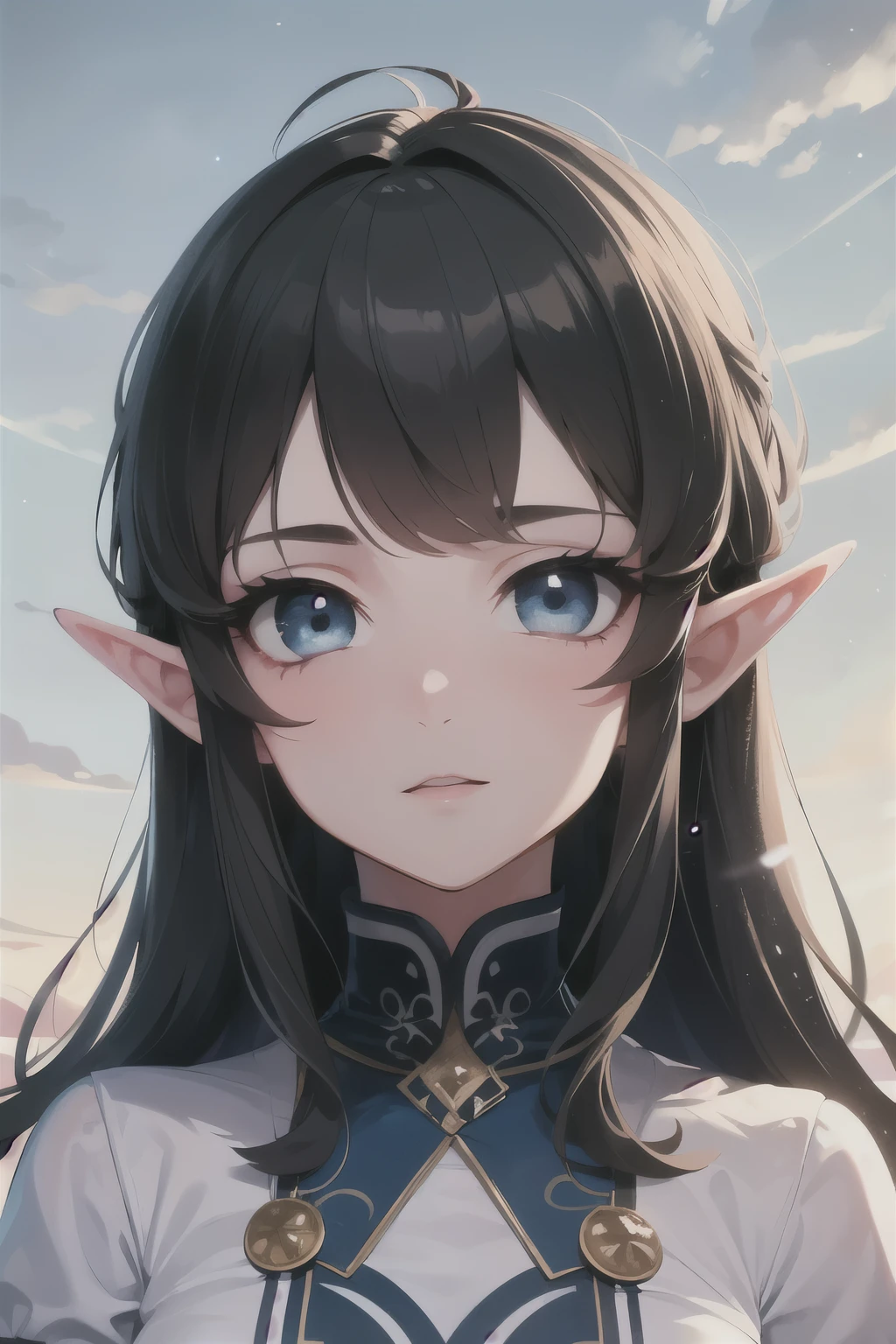 ((best quality)), ((masterpiece)), (detailed), perfect face, young girl, black hair, shoulder length hair, short bangs, bangs above eyebrows, sky blue eyes, deep blue eyes, white and blue preppy dress, smart eyes, expressed look, neutral face, black academia dress, short elf ears