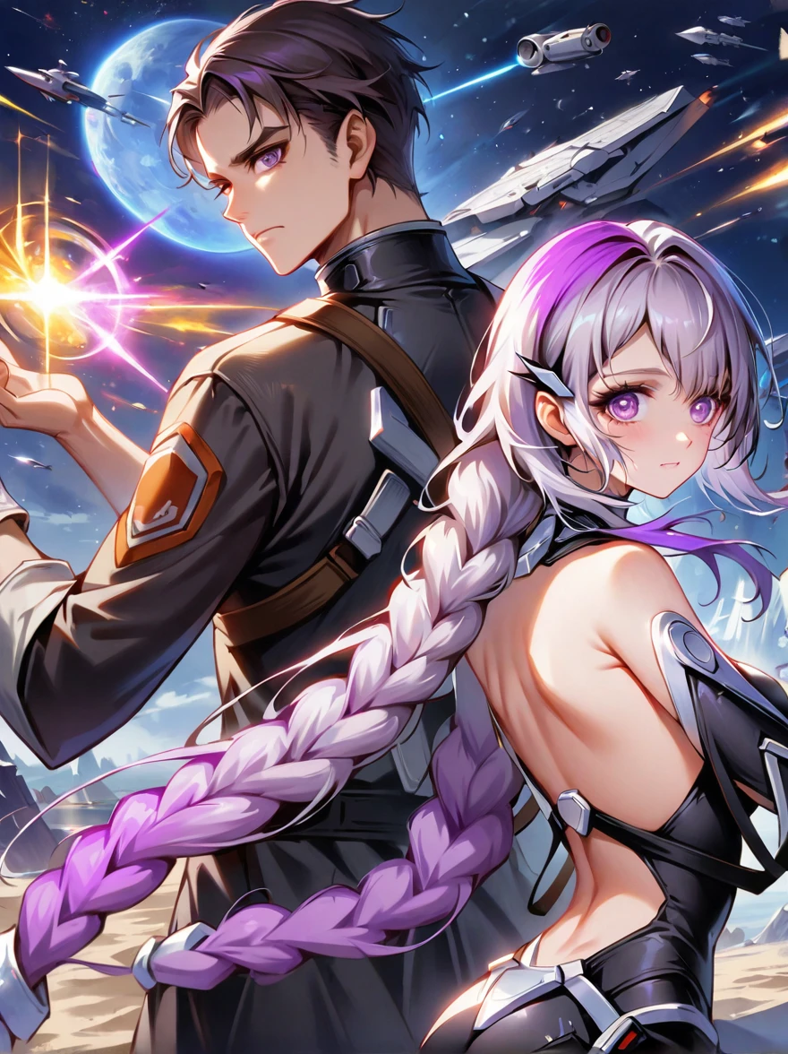 1yj1，(1boy:1.5)，(Boy and girl back to back:1.9)，Anime Girl, (Purple and White Ombre Long Ponytail), (There is a tuft of dark purple hair on the forehead, Colorful hair, (Deep purple eyes)，White mecha suitBREAK Black mecha dress, The figure is located in the center，yinji，The broken moon, the falling stars, the sea and the golden Mars collided in the background，Requiem，Satellite Fall Background，Star Wars，Anatomically correct，concise