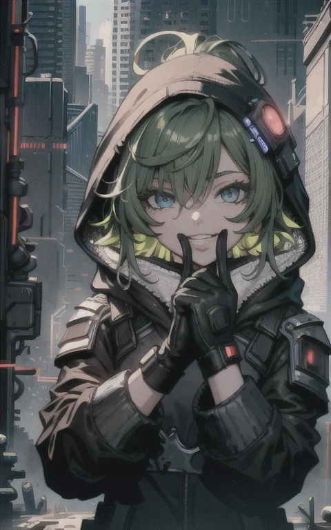 (1girl:1.2),(solo:1.5),masterpiece,best quality,detailed face,highly detailed, best quality, highres, extremely detailed wallpaper,third-party edit,full body,hood,(happy smile:1.2),black gloves,green hair,looking at viewer,(detailed cyberpunk cityscape background:1.3)
normal hands,normal fingers,perfect hands
