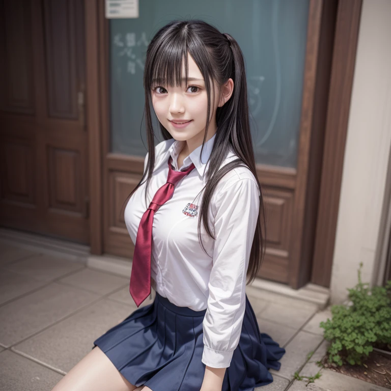 1 girl, So cute, Great face and eyes, (Beautiful lovely smile), (Very detailedな美しい顔), bright shining lips, Keep staring at me, so beautiful, (school uniform:1.3), Open chest、Cleavage、Big Breasts、(highest quality:1.4), (super high quality), (Very detailed), (Surreal, Photorealistic:1.37), Real skin texture, 8K wallpapers incorporating highly detailed CG, RAW Photos, Professional photos, Cinema Lighting,Back view、turn around、Dark blue skirt、loafers、、Knee-high socks