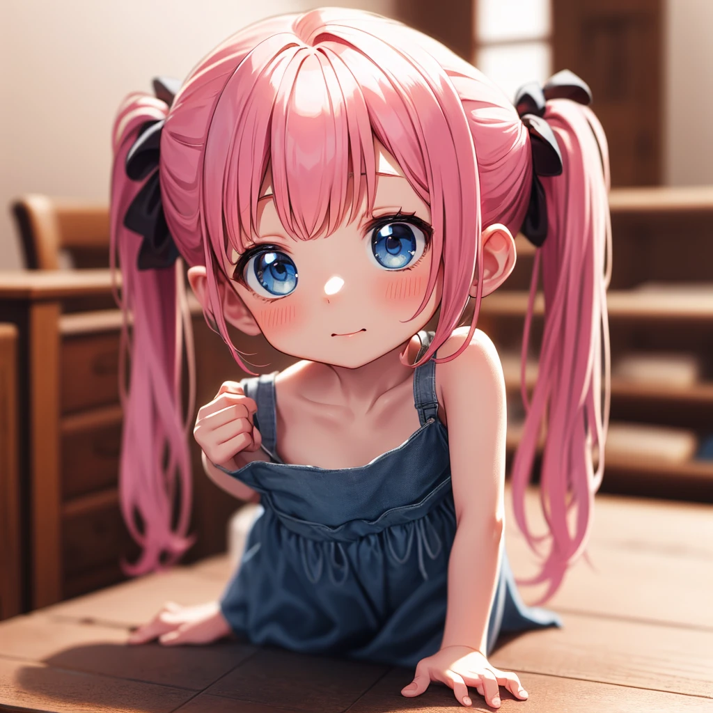 masterpiece, highest quality, Very detailed, Front facing girl and back facing girl,Twin tails, Pink Hair, hair ornaments,Hair Bobble, blue eyes,indoor,(Bikini or nude:0.85),(Full body portrait:1.1)