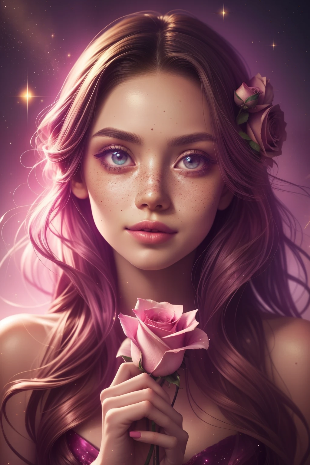 (This is a beautiful, intricate, (romatic) fantasy image that emphasizes beauty and grace.) Generate a blind curvy woman with milky eyes and soft natural freckles. Her face is important and should be (perfectly formed) with (beautiful puffy lips) and (perfect features). There is a cute freckle birthmark on her lip. The image exudes ethereal beauty and soft fantasy, with shimmering shades of pink throughout. Surround her with eternal roses in shimmering shades. Ensure perfection in her face, hair, and eyes. Include sweet and detailed birds and soft, luminous flowers and detailed roses. Utilize dynamic composition and dramatic lighting and cinematic lighting to create an interesting fantasy image. The background of the image is interesting and ultra-detailed, with soft fantasy lighting and gradients. Include fantasy details, cute aura, colorful, colourful, and interesting magical background. The image's background is decorated in shades of pink, shimmer, glitter, and fantasy details like colored bubbles and cosmos. Include subtle freckles, natural freckles and a diffused realistic skin tone. Incorporate elements of high fantasy, whimsy, and detailed elegance. English rose, princess, courtesan, noblewoman, sweet, lovely, calm, lovely, shimmering, glimmering, glittering, astrological fantasy, (((masterpiece))), (highest quality), magic rose, fantasy garden, beautiful face, perfect face, puffy lips, interesting, shy smile, fantasy elements, magic rose, beautiful eyes, perfect puffy lips, jewel tones, luminosity. Taken with a canon camera.