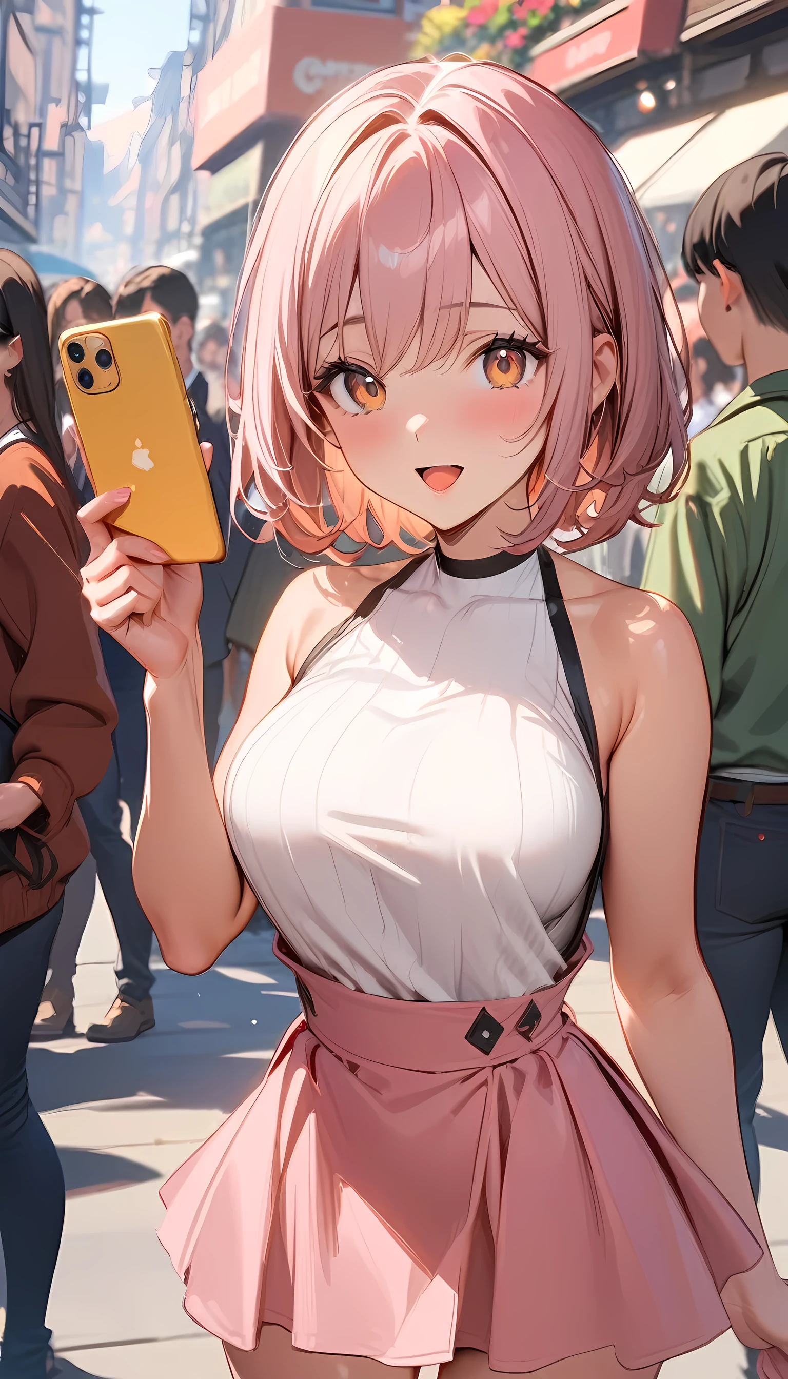 (8k, masterpiece), high resolution, high quality (best quality), dexter's mom, taking a selfie with fans, frilled dress, several girls, crowd, :d, spectacular dynamic lighting, beautiful eyes, delicate face, detailed skin, detailed breasts, vivid colors, 