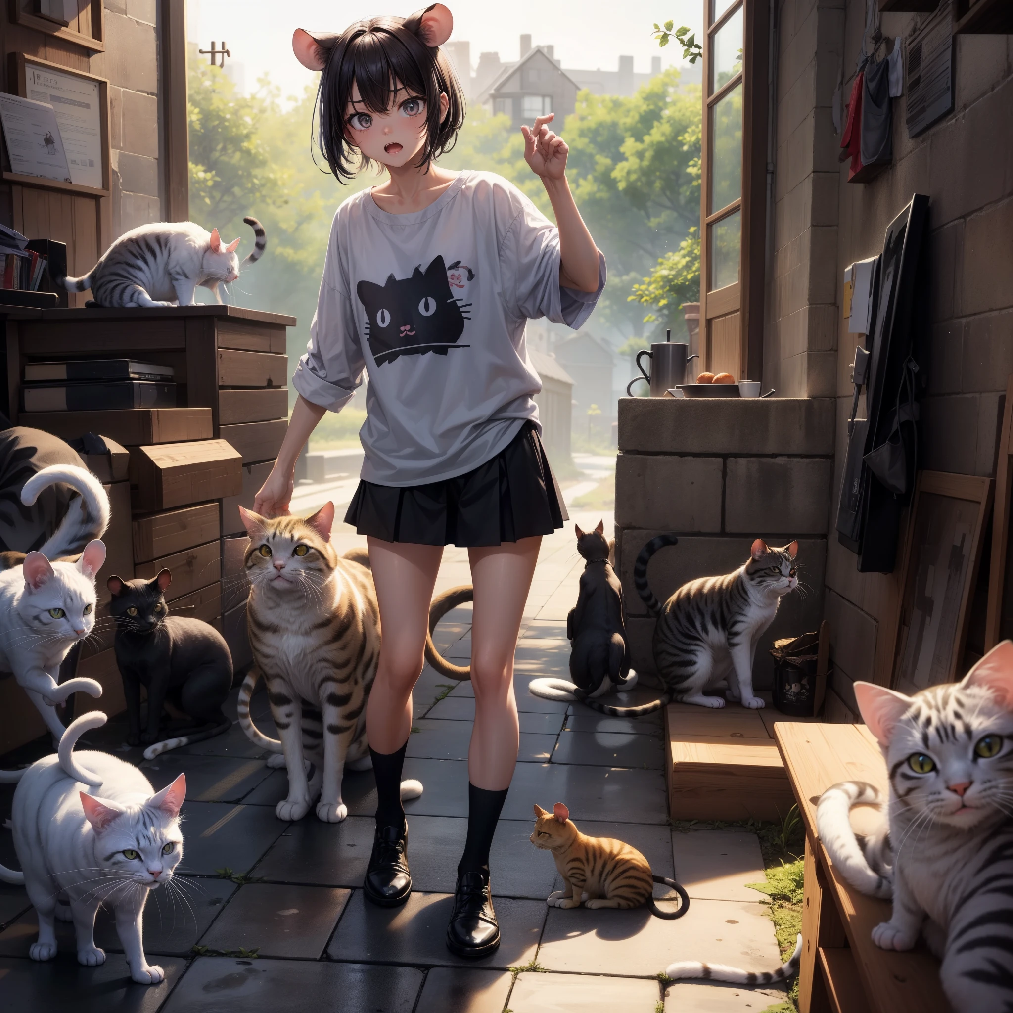 Anime girl with cat ears and a skirt standing in front of a bunch of cats -  SeaArt AI