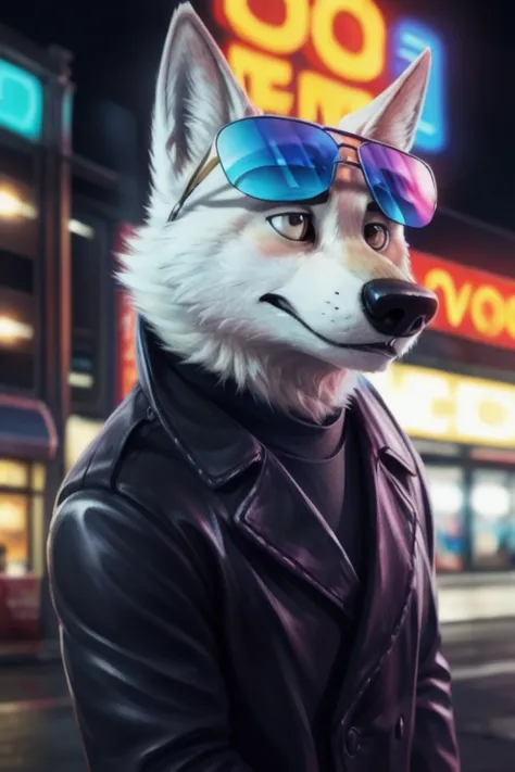 cute cartoon of a (gary \(zootopia\)) wearing a (leather jacket) and (sunglasses), solo,  wolf, white fur, 
BREAK, background ga...