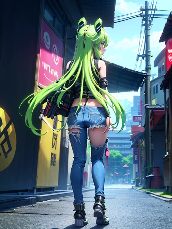ecchi anime, cinematic, dramatic, masterpiece, sexiest, back view,  full body, dynamic view, medium angle, HD8K quality, sexy girl, green eyes, long hair, super flat, punk style, tank top, denim shorts, tube bottoms high, a little confused on a street in a big city, with colorful neon lights,