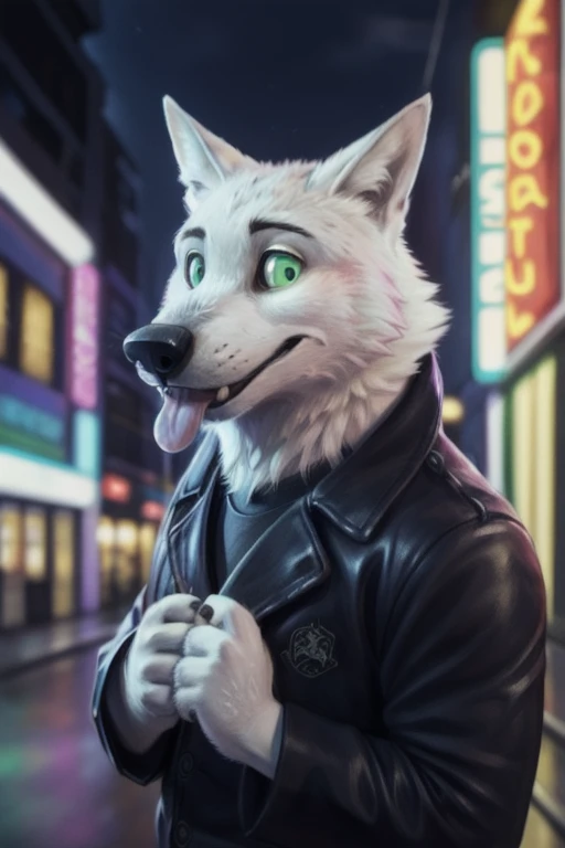 cute cartoon of a (gary \(zootopia\)) wearing a (leather jacket), solo, wolf, white fur, tongue out, completely glowing green eyes with no irises or pupils, BREAK, background gay bar,  neon lights, sexual depravity, BREAK, (intricate, high detail, film photography, soft focus, RAW candid cinema, photorealism, realistic, photorealistic, analog style, subsurface scattering, masterpiece, best quality, ultra realistic, 8k), 