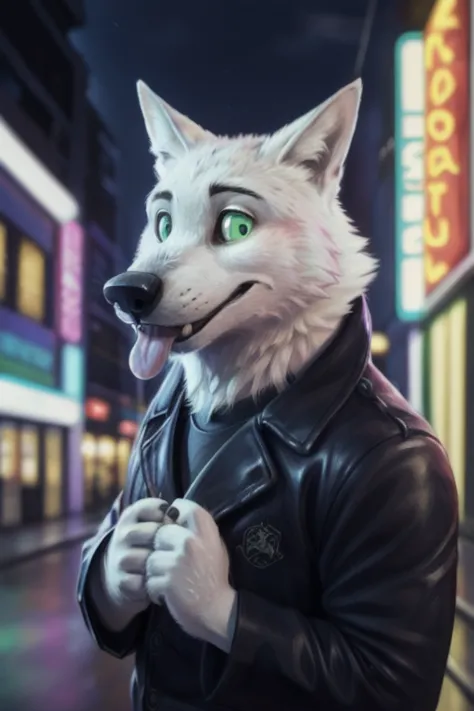 cute cartoon of a (gary \(zootopia\)) wearing a (leather jacket), solo, wolf, white fur, tongue out, completely glowing green ey...