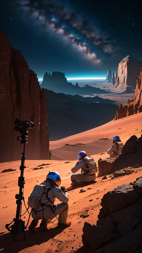 A vibrant impressionist painting depicting a human exploration on Mars at night.

The scene is set under a breathtaking, star-fi...