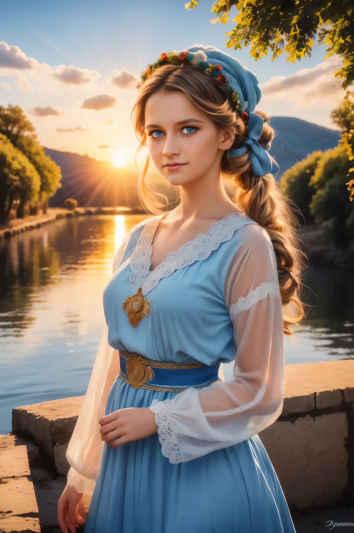 20 歲婦女穿著烏克蘭服裝花冠花冠花環頭戴花環藍眼睛河和藍天背景下午光日落現實例證