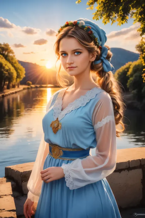 20 year old woman in Ukrainian costume Corolla wreath wearing wreath on head Blue eyes River and blue sky in background Afternoo...