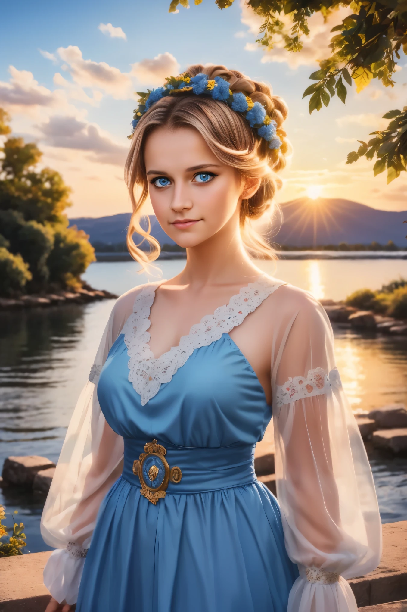 20 year old woman in Ukrainian costume Corolla wreath wearing wreath on head Blue eyes River and blue sky in background Afternoon light sunset realistic illustration