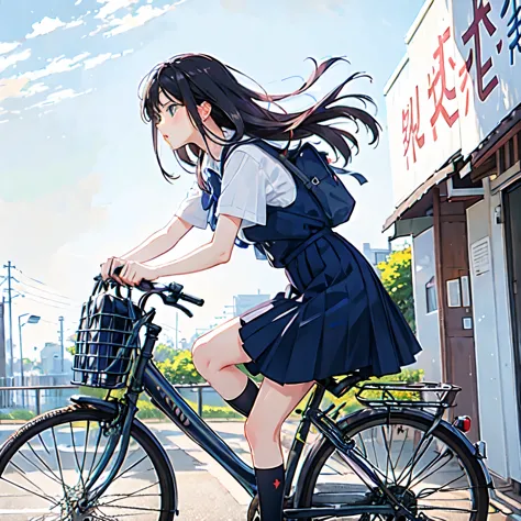 (masterpiece, highest quality:1.2), One girl riding a bicycle, alone、From the side、left side、Blank background、White background、