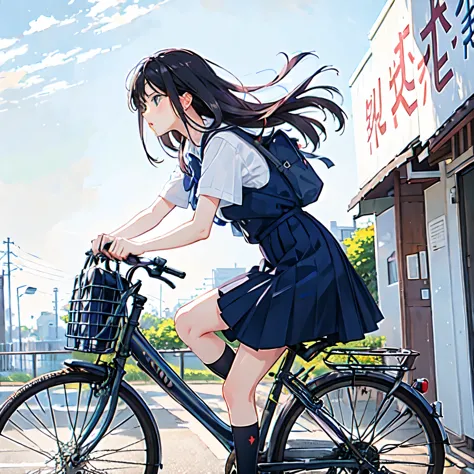 (masterpiece, highest quality:1.2), one girl riding a bicycle, alone、from the side、left side、blank background、white background、