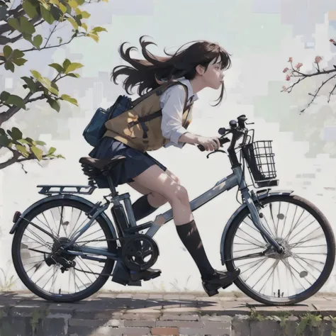 (masterpiece, highest quality:1.2), One girl riding a bicycle, alone、From the side、left side、Blank background、White background、