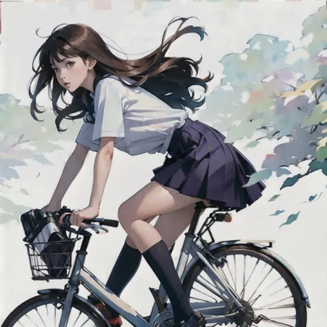 (masterpiece, highest quality:1.2), One girl riding a bicycle, alone、high school girl、uniform、From the side、left side、Blank back...