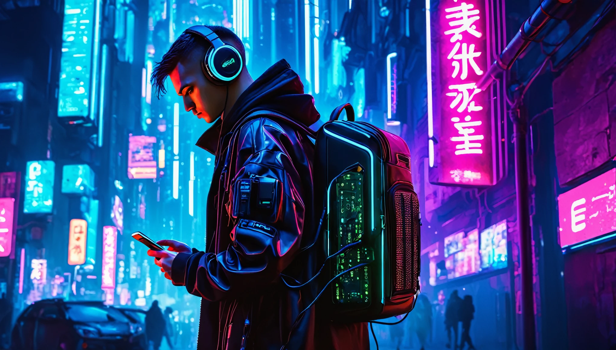 paisagem estilo cidade do cyberpunk escura com um homem com casaco bone e fone no centro com mochila grade e diferente, luzes estilo neon 