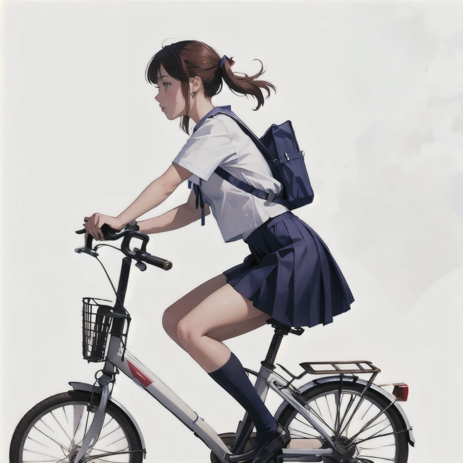 (Meisterwerk, höchste Qualität:1.2), Ein Mädchen auf einem Fahrrad, allein、High-School-Mädchen、Uniform、von der Seite、linke Seite、Leerer Hintergrund、weißer Hintergrund、Aquarellstil、