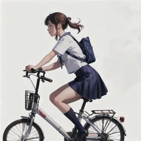 (masterpiece, highest quality:1.2), One girl riding a bicycle, alone、high school girl、uniform、From the side、left side、Blank back...