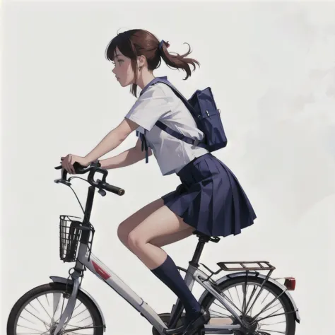 (masterpiece, highest quality:1.2), one girl riding a bicycle, alone、high school girl、uniform、from the side、left side、blank back...