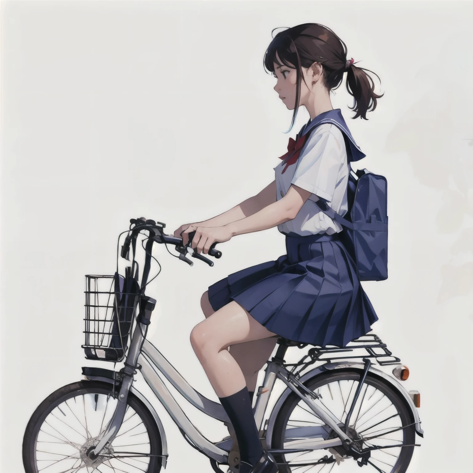 (Meisterwerk, höchste Qualität:1.2), Ein Mädchen auf einem Fahrrad, allein、High-School-Mädchen、Uniform、von der Seite、linke Seite、Leerer Hintergrund、weißer Hintergrund、Aquarellstil、