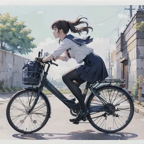 (masterpiece, highest quality:1.2), reality、one girl riding a bicycle, alone、high school girl、uniform、from the side、blank backgr...