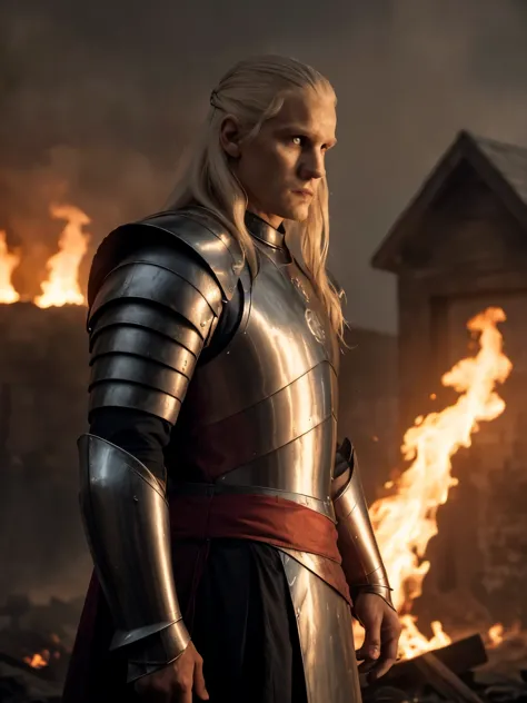 cinematic portrait of daemon targaryen in imposing pose, long silver hair, wavy, violet eyes, penetrating, masculine, tall, broa...