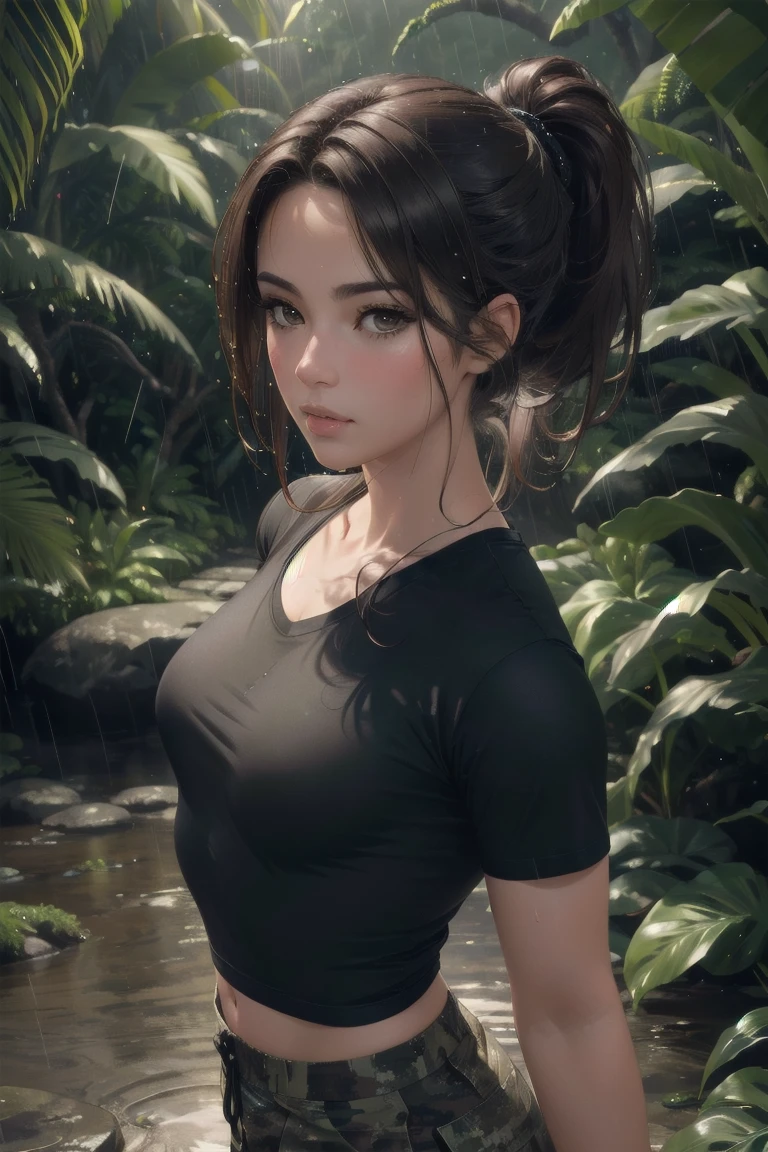 realistic portrait of a 36 year old woman, 1 girl, anime style, best quality, 4k, 8k, highres, masterpiece, ultra-detailed, photorealistic, black t-shirt, tight military pants, baggy camo pants, walking in rainy jungle, brown hair, floating hair, small breasts, detailed facial features, beautiful detailed eyes, beautiful detailed lips, extremely detailed face, long eyelashes, dynamic pose, dramatic lighting, cinematic atmosphere, muted color palette, rain effect, lush jungle environment, detailed textures, volumetric lightingponytail, standing up, looking at viewer, and on the back of head tying hair back, collarbone