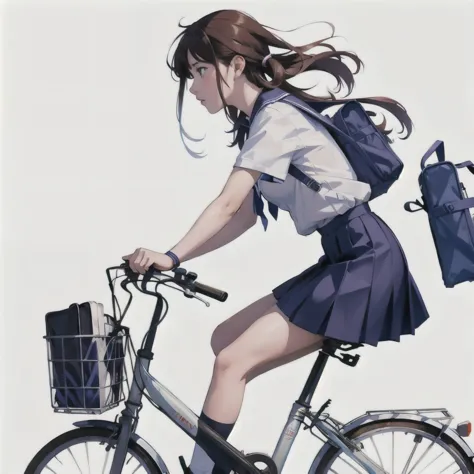 (masterpiece, highest quality:1.2), Reality、One girl riding a bicycle, alone、high school girl、uniform、From the side、Blank backgr...